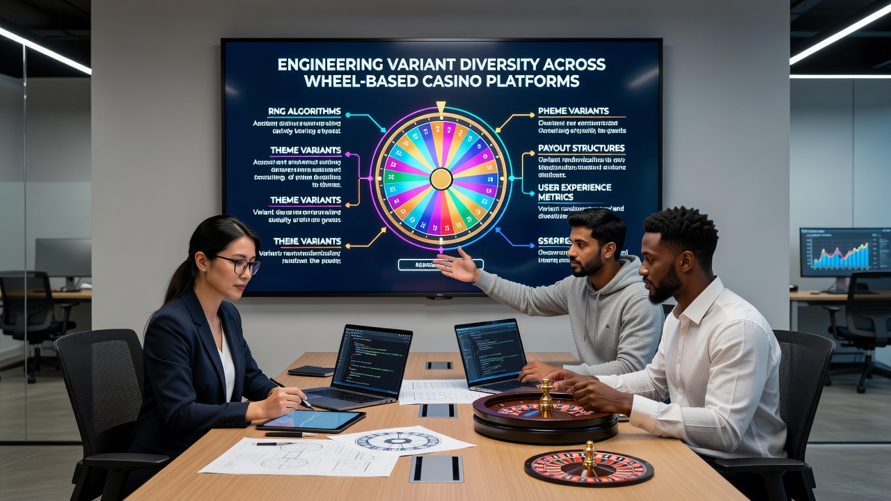 Game developers reviewing wheel configurations and variant prototypes on multiple casino platforms