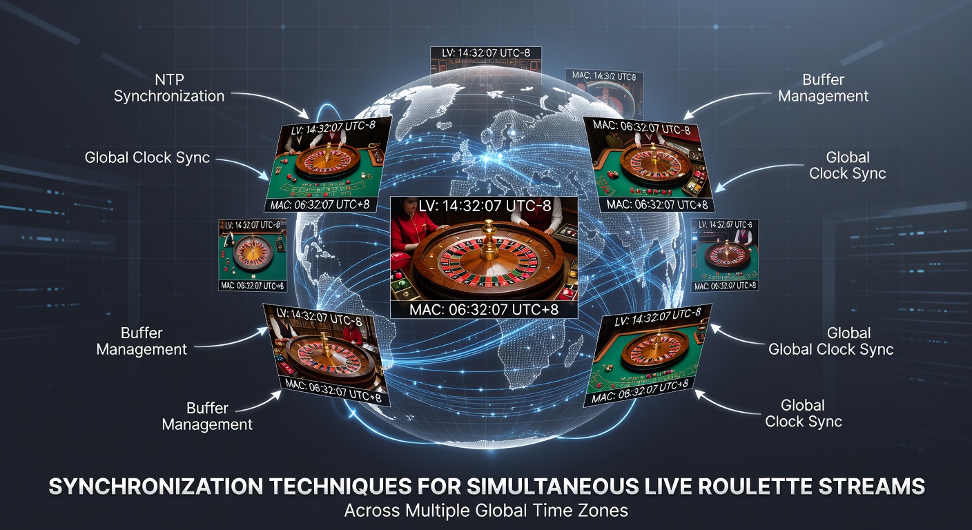 Technical diagram illustrating synchronization of live roulette streams across global time zones with clock overlays and server connections