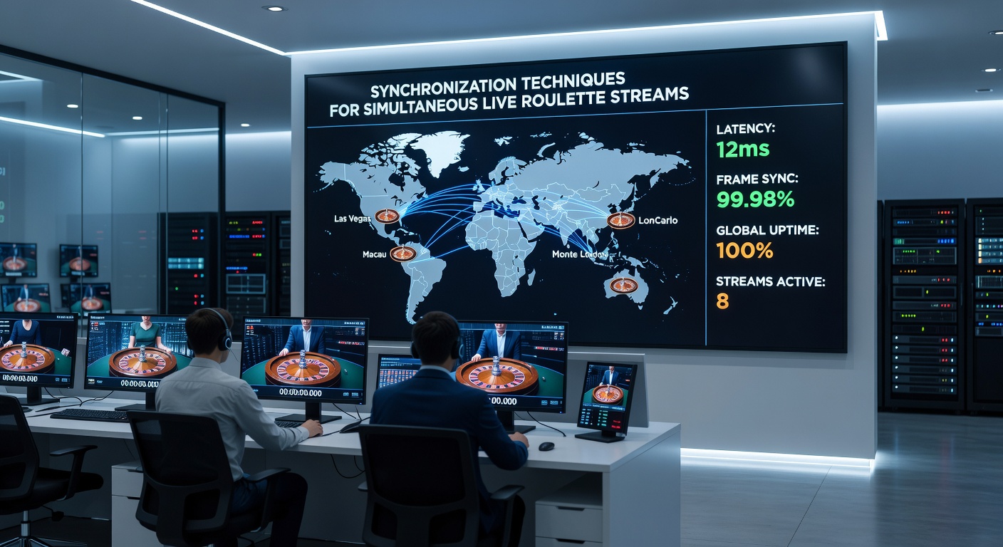 Server room setup with multiple monitors displaying synchronized roulette wheel feeds from different international locations