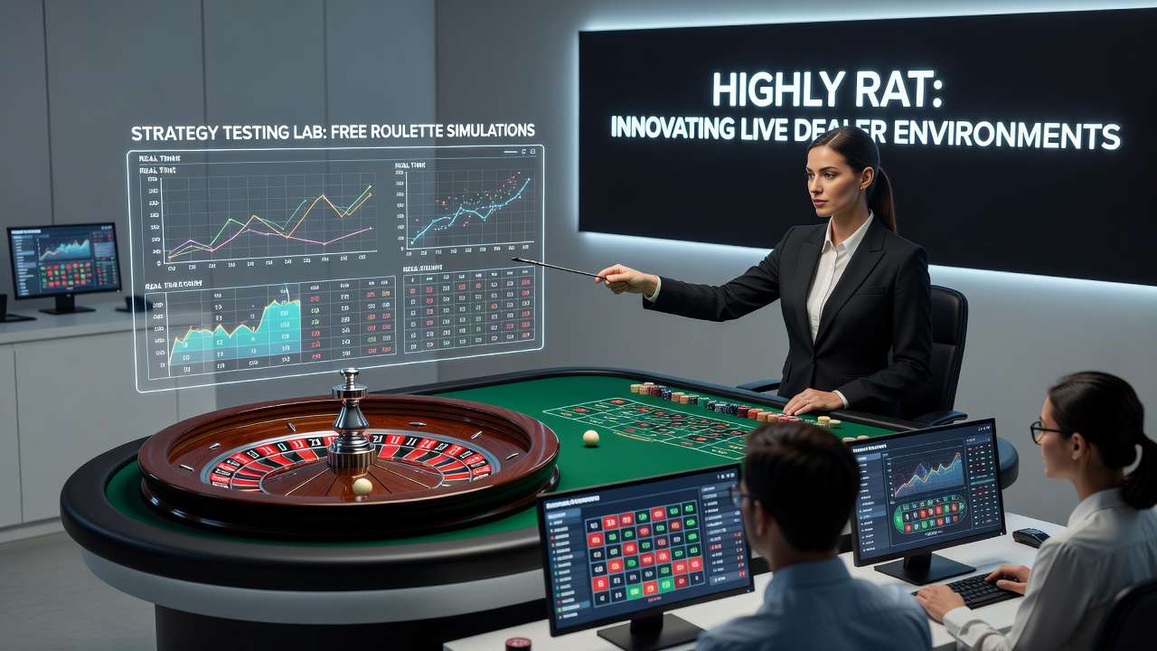 Close-up view of roulette wheel in a live dealer studio with overlaid simulation data charts from a free roulette testing platform