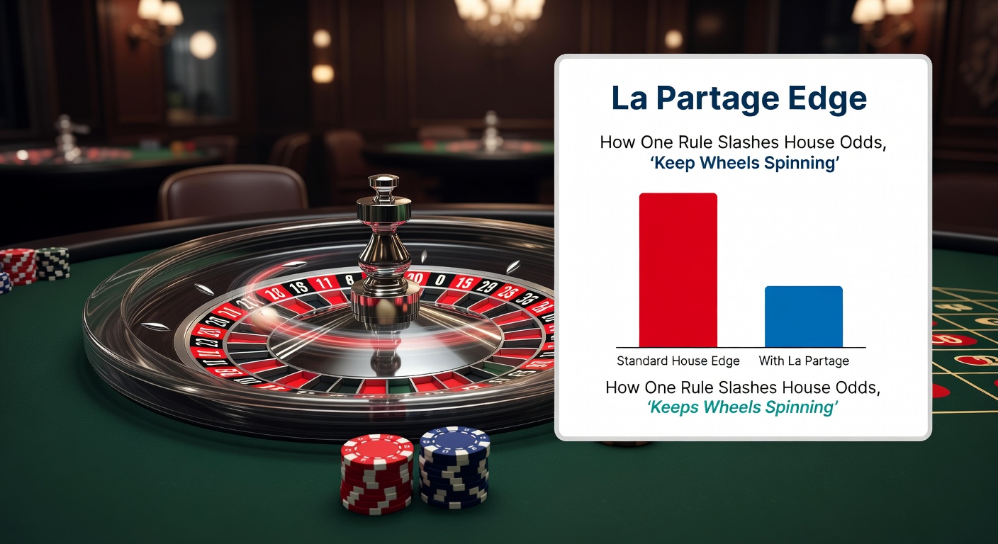 Elegant French roulette wheel and table layout highlighting the La Partage rule in action, with chips on even-money bets
