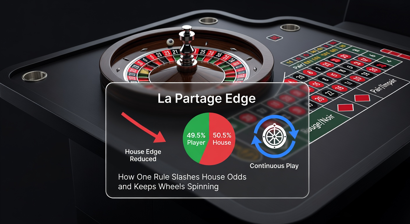 Close-up of a French roulette croupier announcing La Partage on a zero outcome, with player chips partially returned