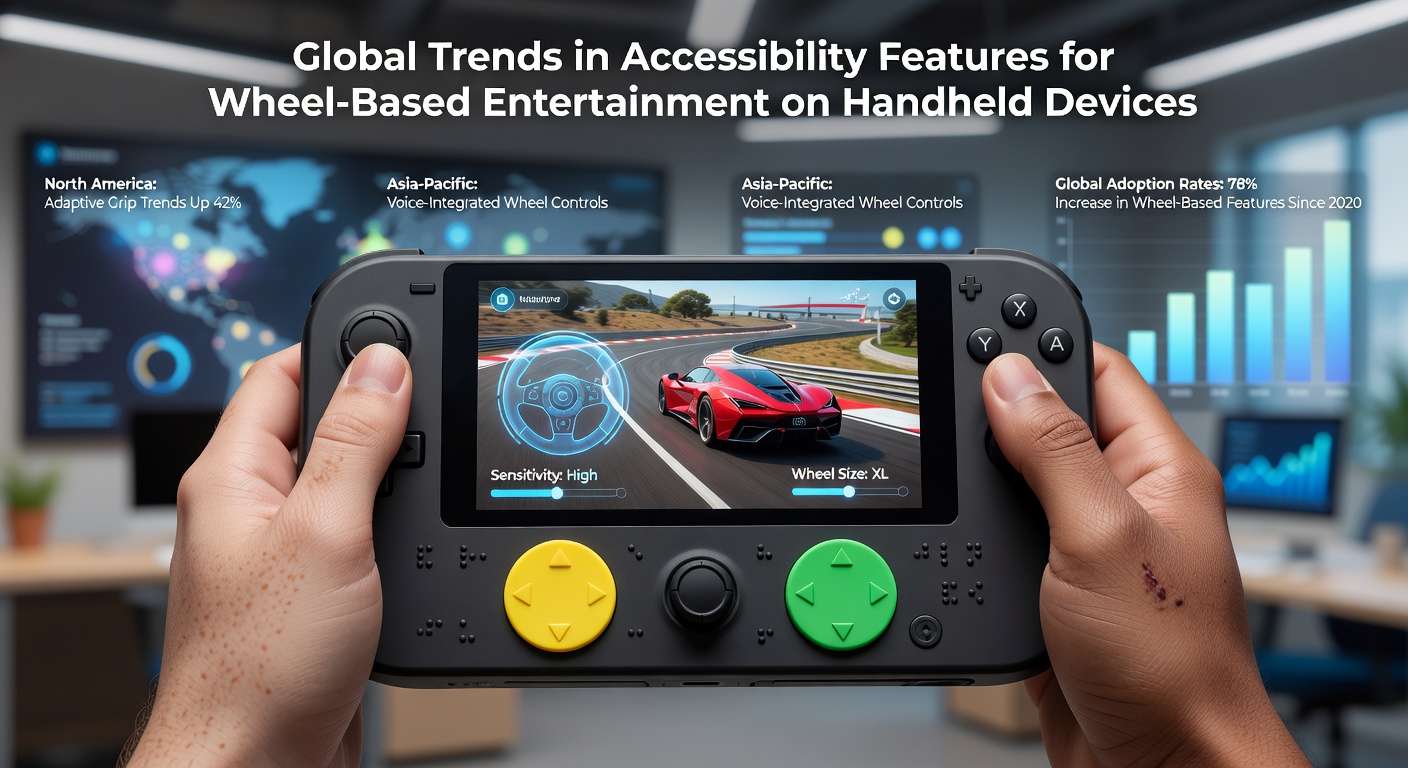 Handheld device displaying accessible wheel-based game interface with high-contrast controls and voice navigation options