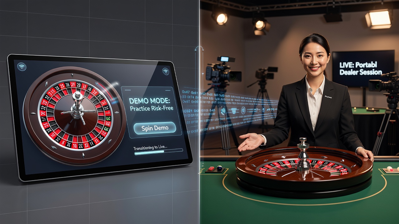 Close-up of portable device displaying live dealer roulette table after demo session transition