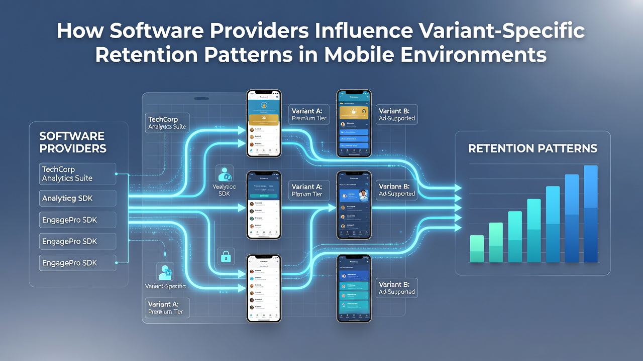 Mobile app dashboard showing variant testing metrics and user retention graphs