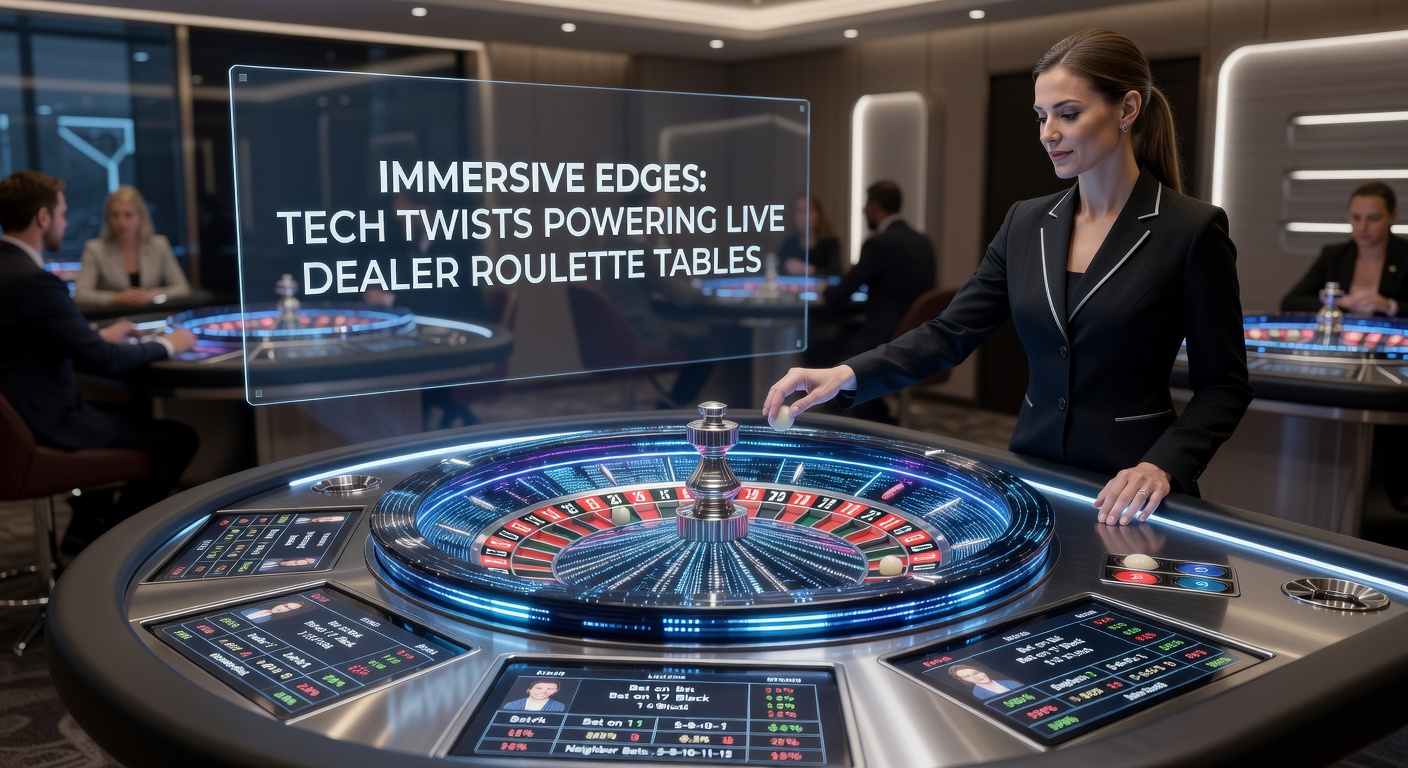 Close-up of a roulette wheel in motion under studio lights, with overlaid digital graphics highlighting betting zones and live chat interfaces for player interaction