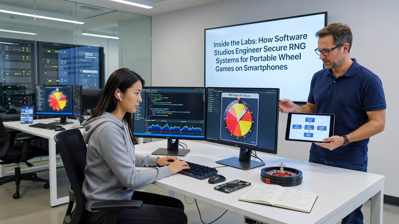 Software engineers testing RNG algorithms on multiple smartphone devices in a controlled lab environment