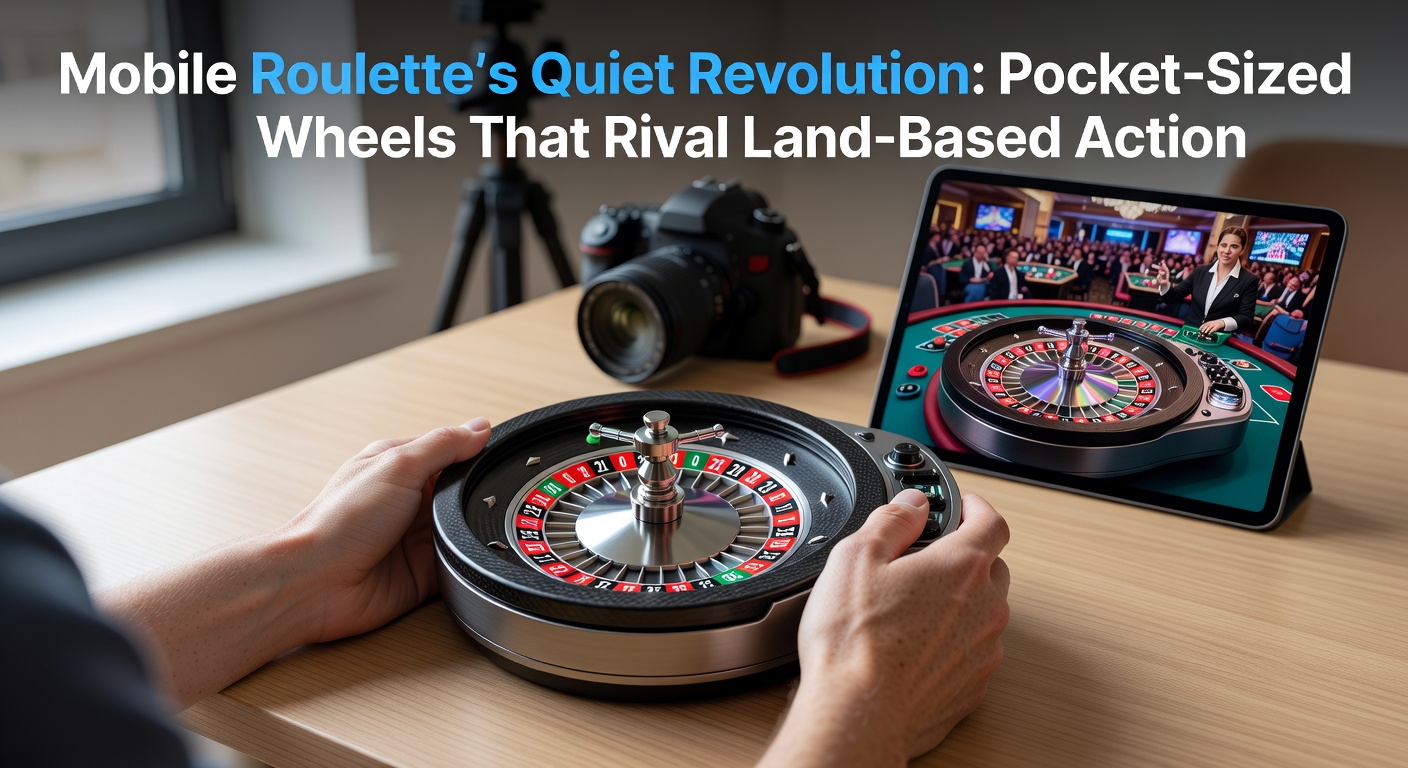 A sleek smartphone screen displaying a vibrant mobile roulette game, with the wheel spinning amid casino lights and betting options