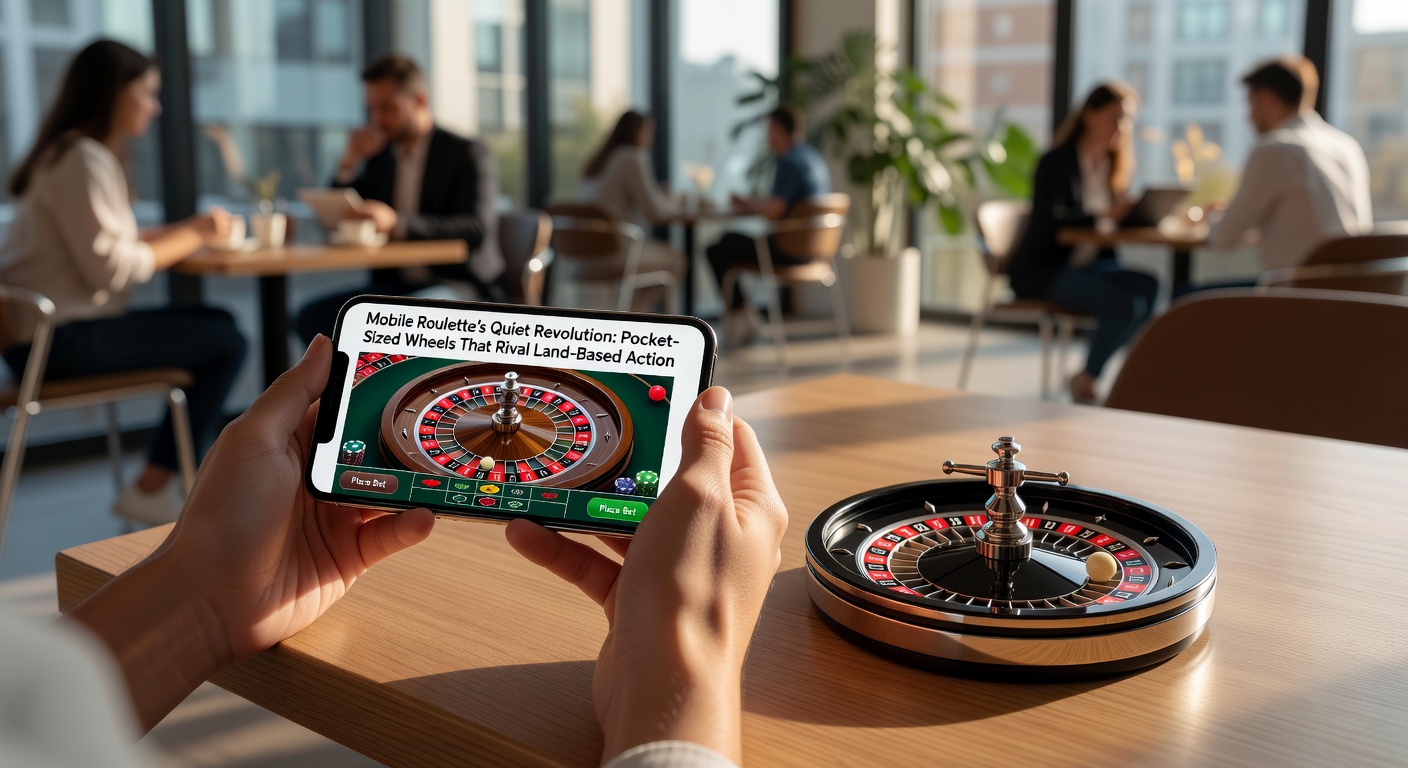 Close-up of a hand holding a phone with a live mobile roulette table, chips stacked high and the dealer visible in split-screen view