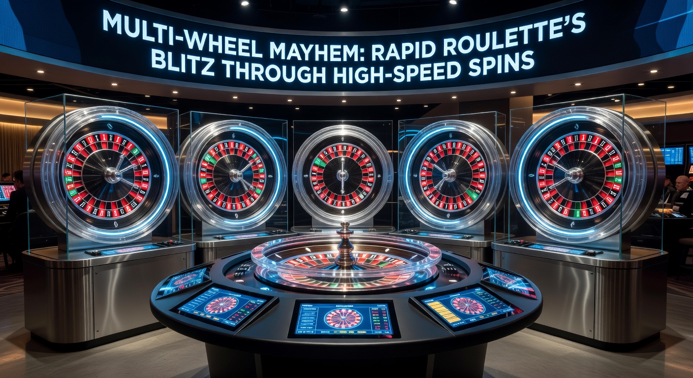 Dynamic multi-wheel roulette table with multiple wheels spinning simultaneously in a bustling casino environment