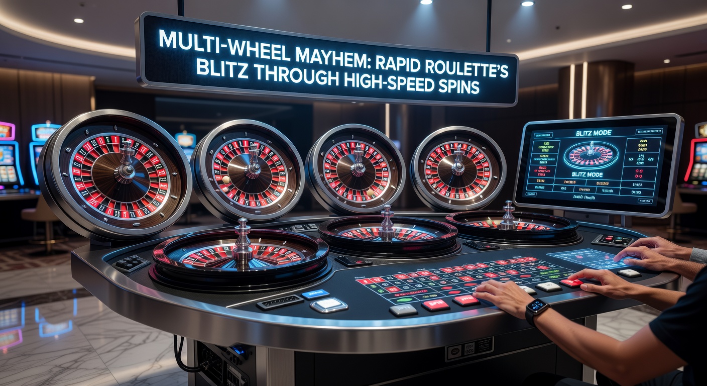 Close-up of rapid roulette interface showing multiple spinning wheels and fast-paced betting screens on a digital display