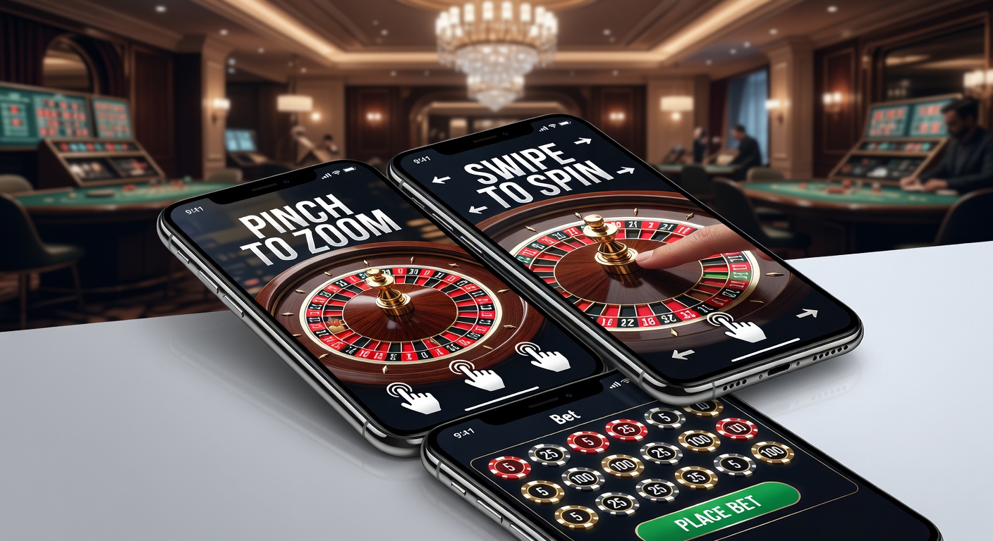 Smartphone screen displaying a mobile roulette table with pinch-to-zoom on the betting layout and swipe gestures for chip placement, evoking a bustling casino floor