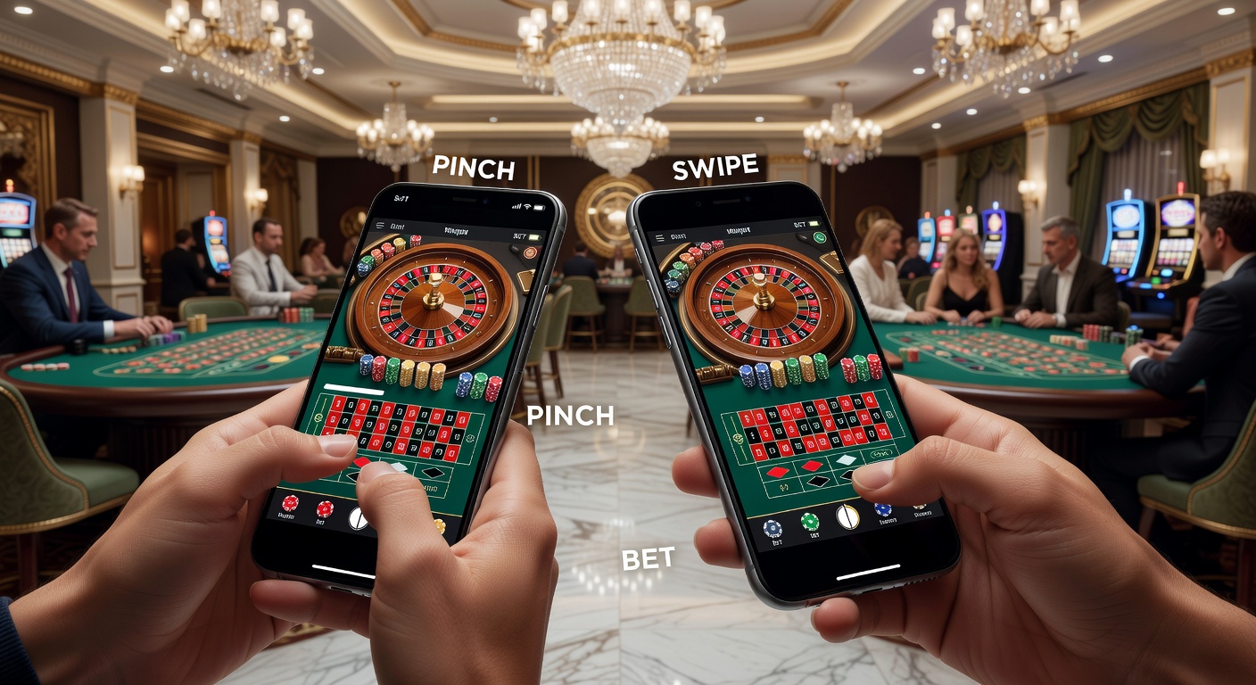 Close-up of a mobile roulette app in action, showing swipe-dragged chips on a virtual layout with haptic feedback indicators and a live dealer stream inset, replicating casino floor intensity