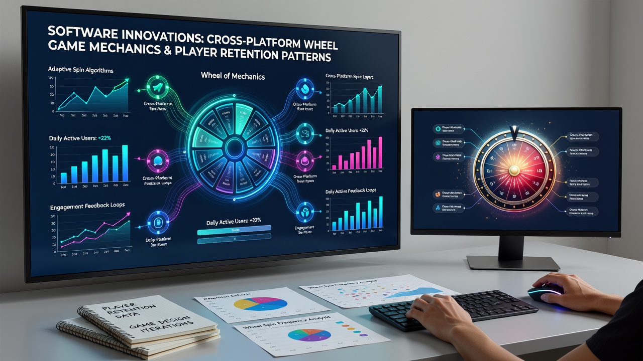 Analytics dashboard showing player retention curves and cross-device engagement metrics for wheel games
