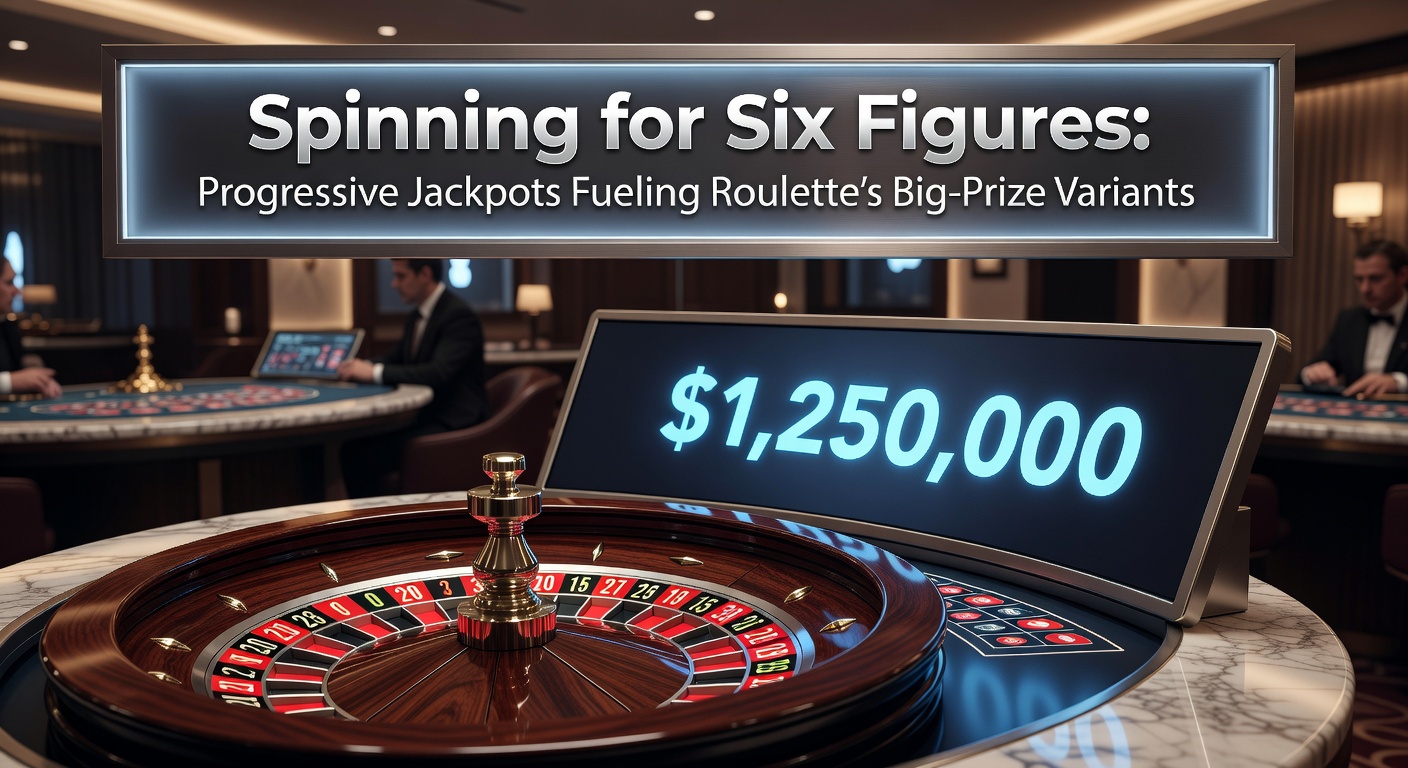 Vibrant roulette wheel with glowing progressive jackpot meter climbing toward six figures, surrounded by casino lights and excited players
