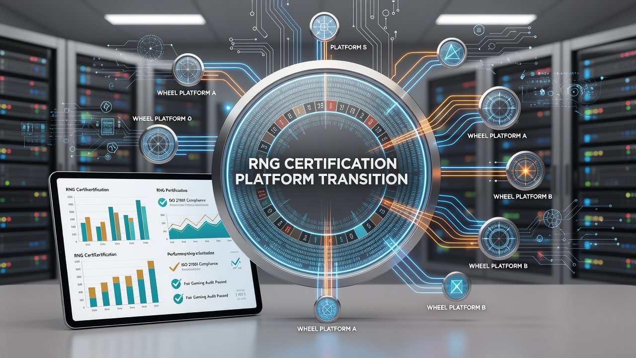 Diagram showing RNG certification process integrated with platform migration workflows in wheel gaming systems