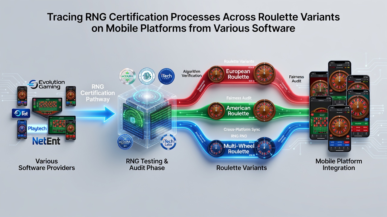Certification laboratory technicians reviewing RNG test reports for roulette software