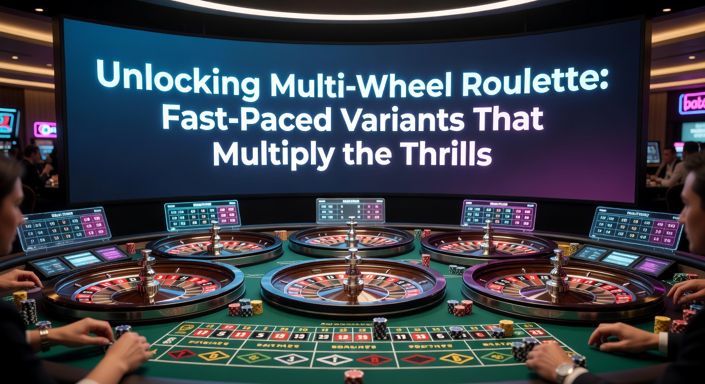 Vibrant multi-wheel roulette table with six spinning wheels under casino lights, capturing the high-energy action of simultaneous spins