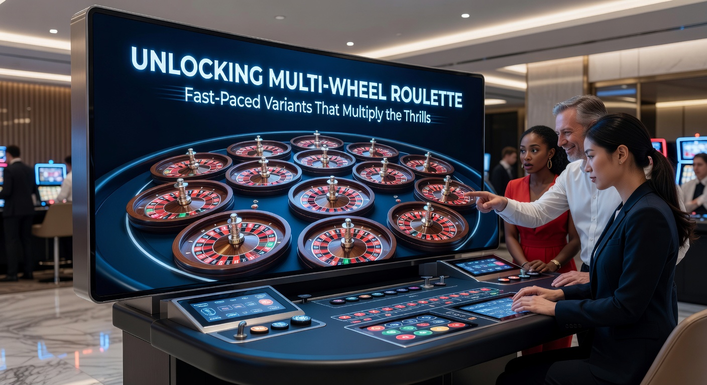 Close-up of a live dealer launching the ball across multiple synchronized roulette wheels, with digital overlays showing bet outcomes in real-time